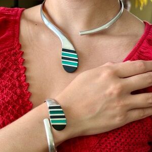Taxco Onix and Malachite Necklace and Bracelet Set